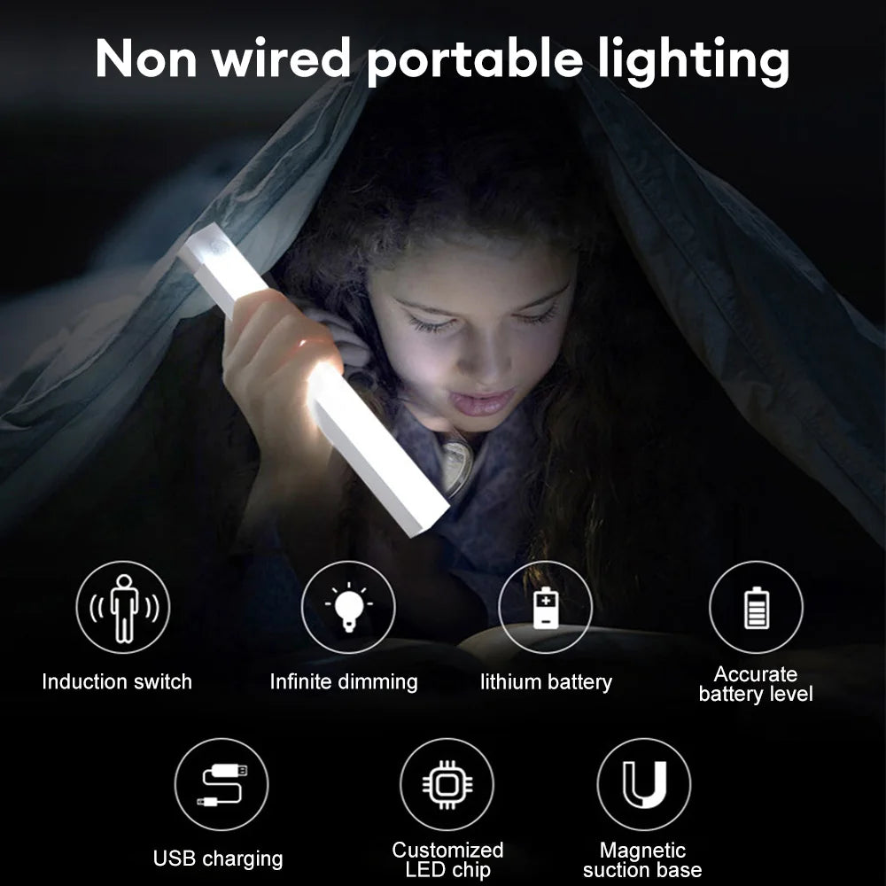 Motion Sensor LED Under Cabinet Lamp Dimmable Rechargeable Night Light Stairs Closet Room Aisle Tube Bar Detector Bulb