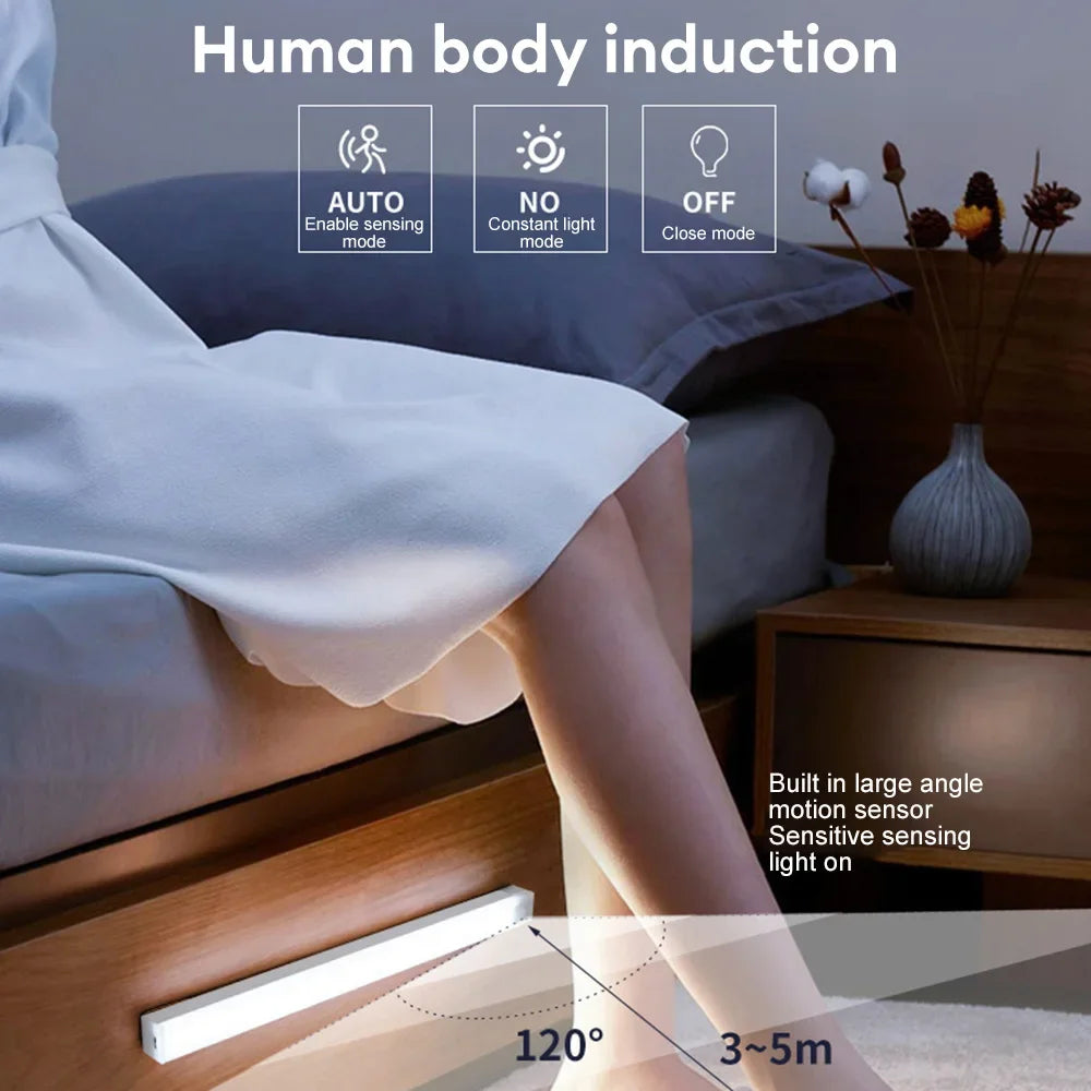 Motion Sensor LED Under Cabinet Lamp Dimmable Rechargeable Night Light Stairs Closet Room Aisle Tube Bar Detector Bulb