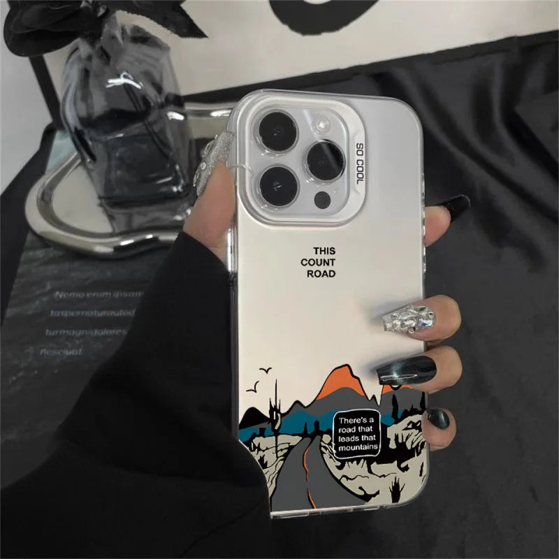 Snow Mountain Road Landscape Phone Case For IPhone 17 Air 16 15 14 13 12 11 Pro XS Max 16E Plus Plating Matte Hard Cover Funda