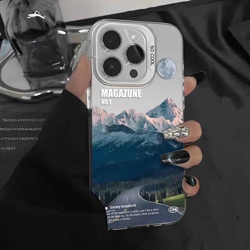 Snow Mountain Road Landscape Phone Case For IPhone 17 Air 16 15 14 13 12 11 Pro XS Max 16E Plus Plating Matte Hard Cover Funda